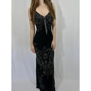 Sue Wong Black Silver Beaded Tassel Maxi Evening Gown Low Back
